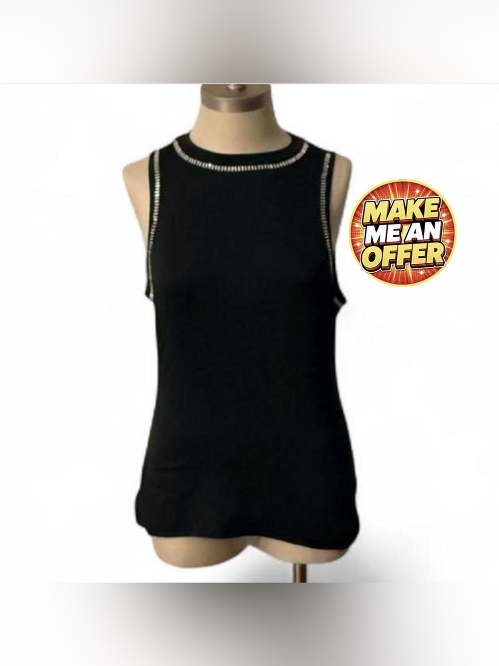 Brand New Black Sleeveless Tank Top with Rhinestone Trim - SZ L